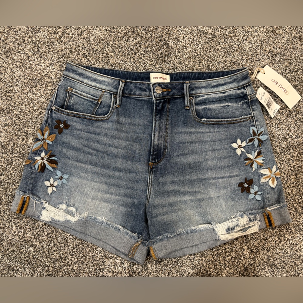 Driftwood Women's Size 32 Denim Shorts Embroidered Floral High Rise Distressed